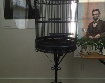 Wrought Iron Bird Cage - Metal Bird House - Vintage Bird Stand - Large Bird Cage attached Stand ~ Industrial Bird Cage ~ PICK Up ONLY VA
