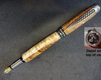 Curly Koa Fountain Pen, Tapa Traveler Master Style Postable, Polynesian Style Details, Exhibition Grade, Silk Lined Box