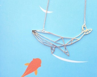 Origami whale necklace, Geometric whale, Silver whale, big whale, Animal necklace, fish necklace, sea life, ocean charm, Statement Necklace