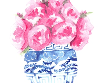 Pink Peonies in a Blue and White Ginger Jar
