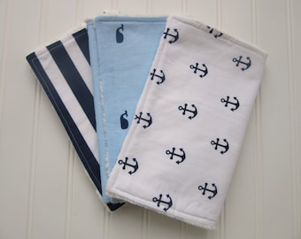 Baby Boy Burp Cloth Set, Set of 3 Burp Cloths: Navy and White Anchor Burp Cloth, Whale Burp Cloth and Navy and White Stripe Burp Cloth