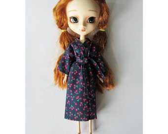 Cherry-print (navy) kimono-style dressing gown/bath robe for Pullip dolls