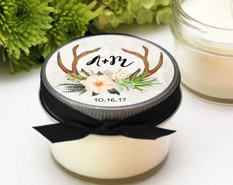 Wedding Favor Candles - Antler Label Design | Soy Candle Wedding Favors | Personalized Wedding Favors | Boho Wedding Favors Set of 12 - 4 oz