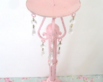 Tall 15" Shabby Chic Pale Pink Pillar Candle Holder Ornate Metal Prisms Chippy Distressed Paris Cottage Victorian
