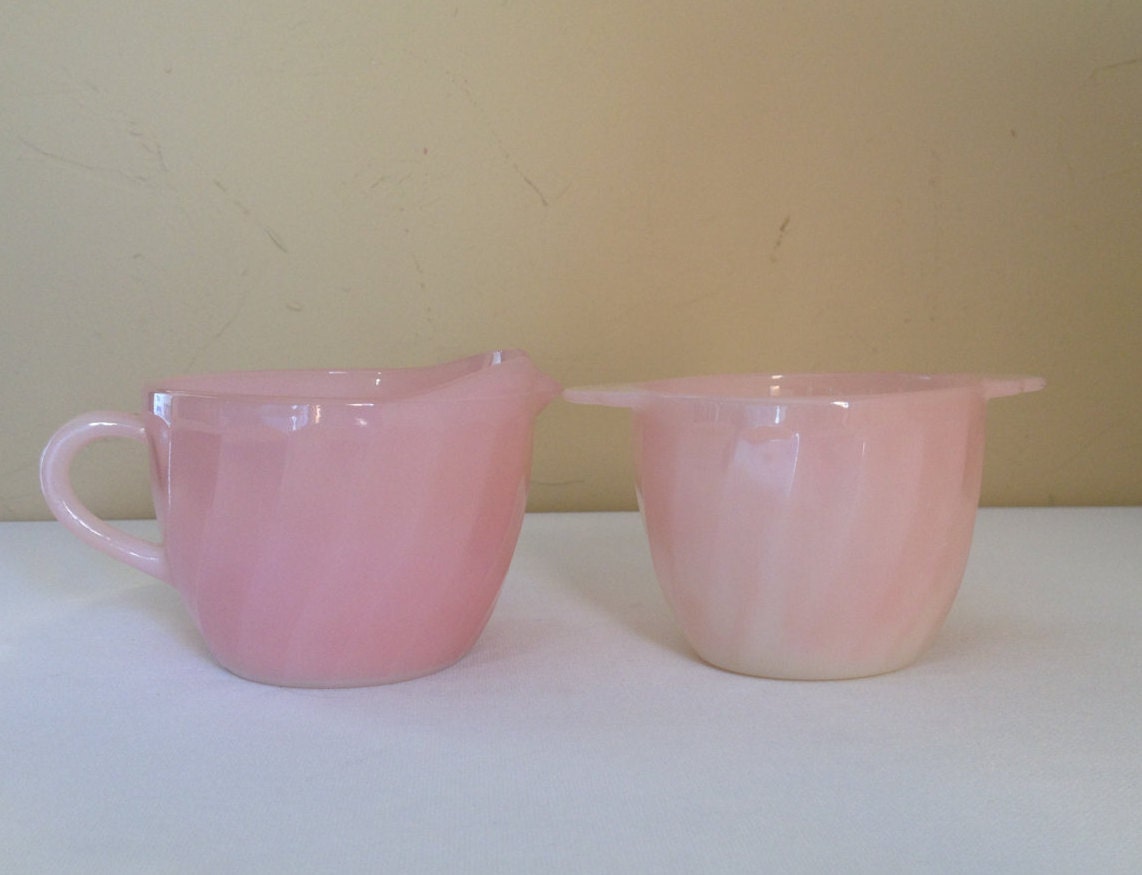 Vintage Fire King Pink Sugar and Creamer Set milk glass with