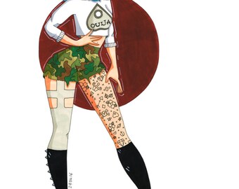 Ouija Print, Tattooed Girl, Ouija Board, Voodoo, Black Magic, Kawaii, Kawaii Art, Kawaii Artwork