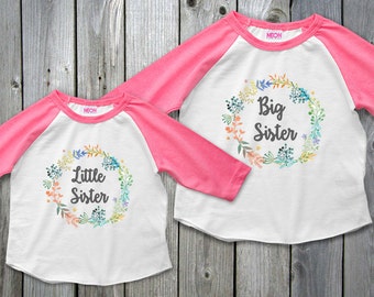 Big Sister Little Sister Outfits, Water Color Floral Flower Sister Shirts, Big Sister Little Sister Set, Raglan Girls Shirts