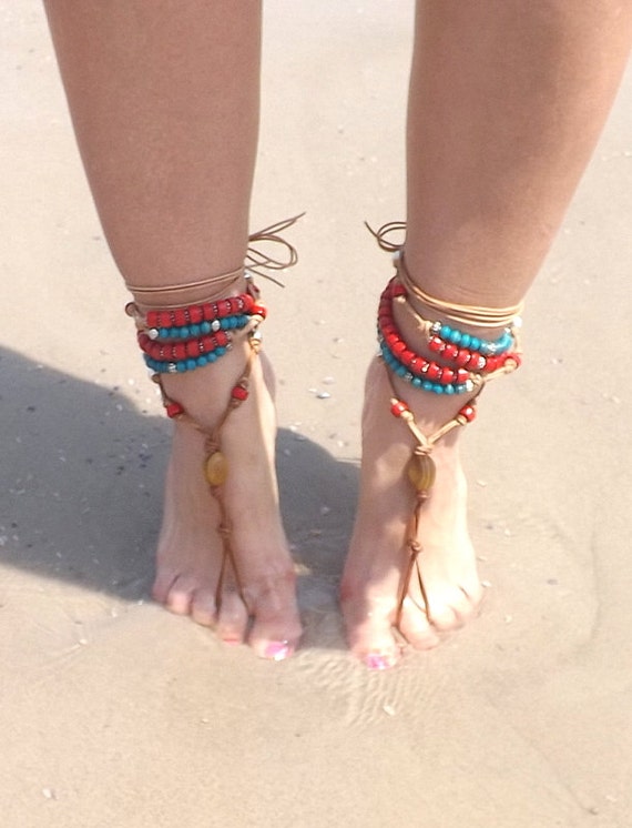 Leather Beaded Barefoot Sandals Slave Sandals