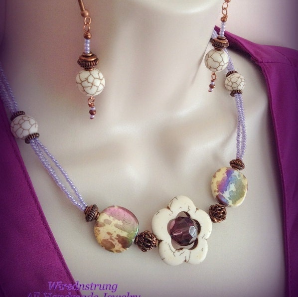 Magnesite Flower Necklace and Earring Set with Decorative