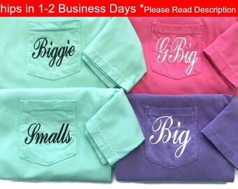 Big Little Sorority Shirts -Sorority Family Pocket Tees -Comfort Colors Script Embroidered Biggie/Smalls Reveal Sorority Gifts -Short Sleeve