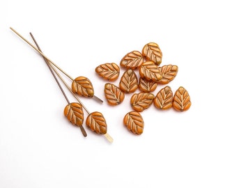 Burnt Orange Leaf Czech Glass Beads, (10 pcs) 11x8mm Leaf Czech Glass Beads, Orange Leaf Beads, Bronze Leaf Beads LEA0039