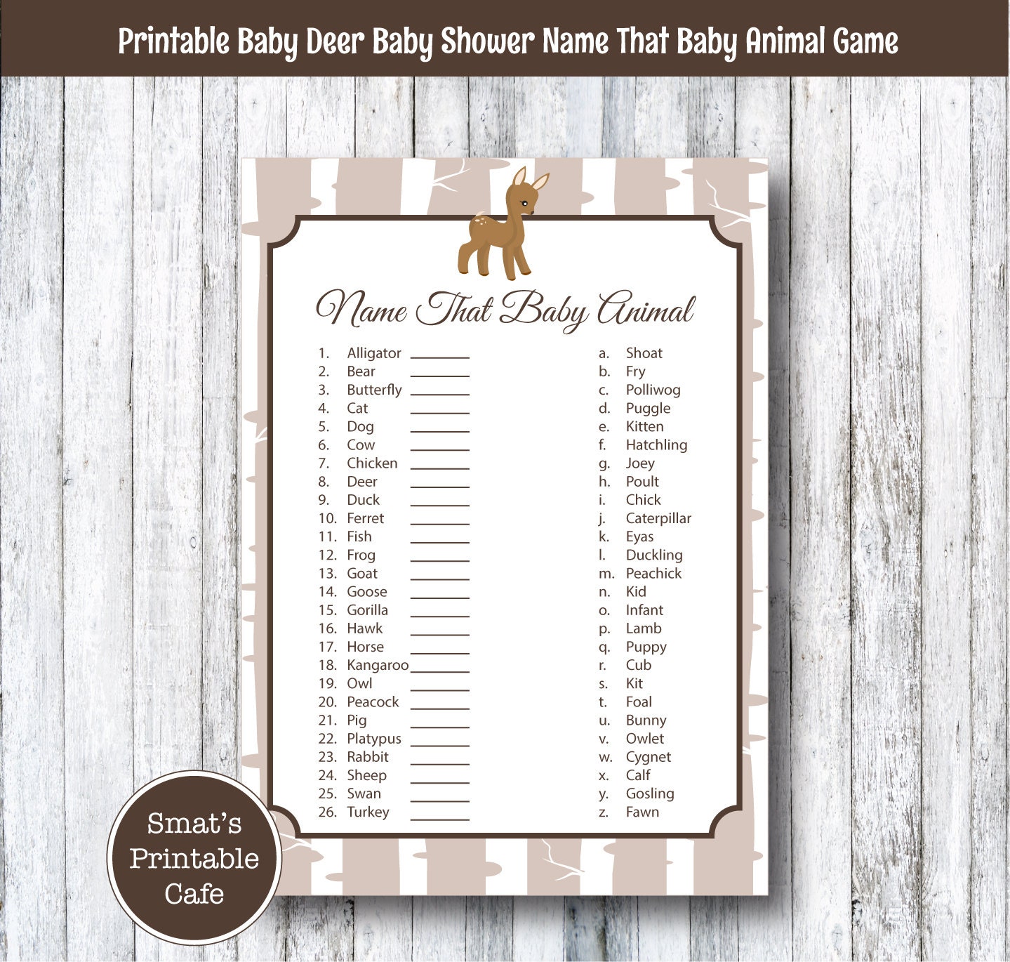 Baby Deer Baby Shower Baby Animal Name Game Quiz PRINTABLE