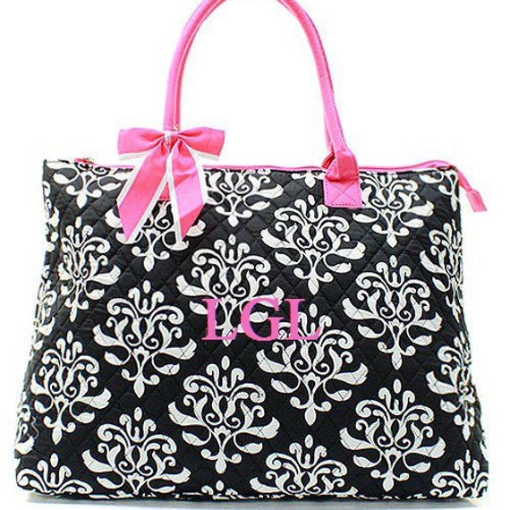 Monogrammed Tote Black and Pink Bloom Quilted by TurtleCoveStudio