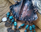 COPPER STATEMENT Tribal NECKLACE Spiral Form Chain Giant Polyphemus Moth Hammered Antiquated Primitive Earthy Ocean Blue Jasper Dangle Beads
