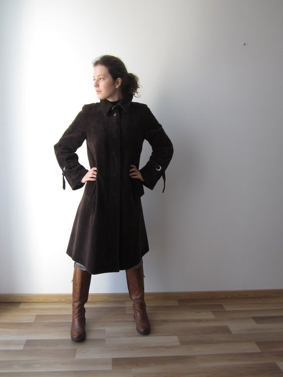 Vintage 70 S Coat Chocolate Brown Suede Trench Style Vintage Dark Brown Corduroy Coat 80s Dixi Trench Chocolate Warm Long Jacket Medium