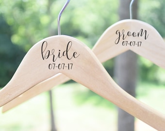 Bride & Groom Set of Two Personalized Hangers, Wooden Wedding Hangers, Bride Hanger, Wedding Dress Hanger