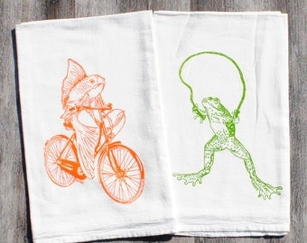 Cotton Kitchen Towel Set of 2 - Screen Printed Cotton - Flour Sack Dish Towel - Frog and Fish on Bike Tea Towels