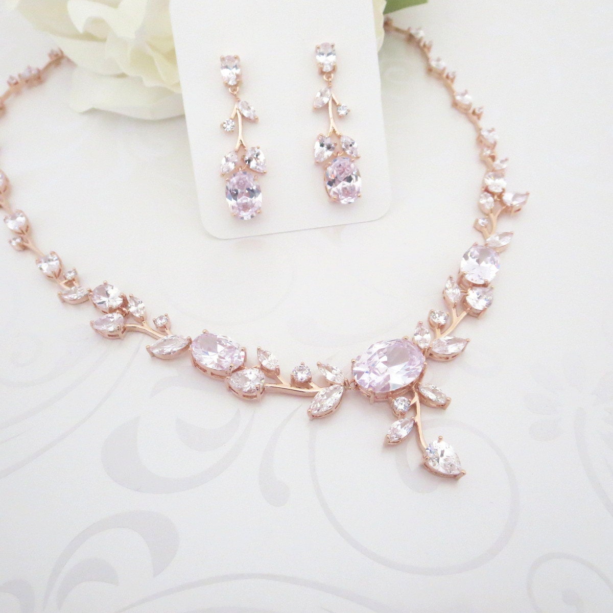 Wedding Jewelry Set Rose Gold Bridal Necklace Set Rose Gold