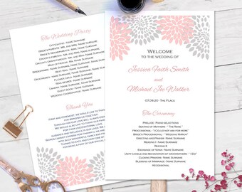 Printable fan program| DIY wedding fan programs| Editable text only| Pink gray wedding| ETP| FP| T22