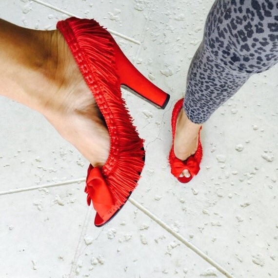 Items similar to Crazy Red Fringe Peep Toe Kitten Heels : Betsey