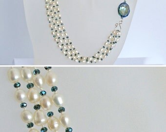 Necklace White Pearl & Teal Crystals, Hand Knotted Pearl Necklace, Pearls on Silk, Infinity Design Long Pearl Necklace, Pearl and Blue