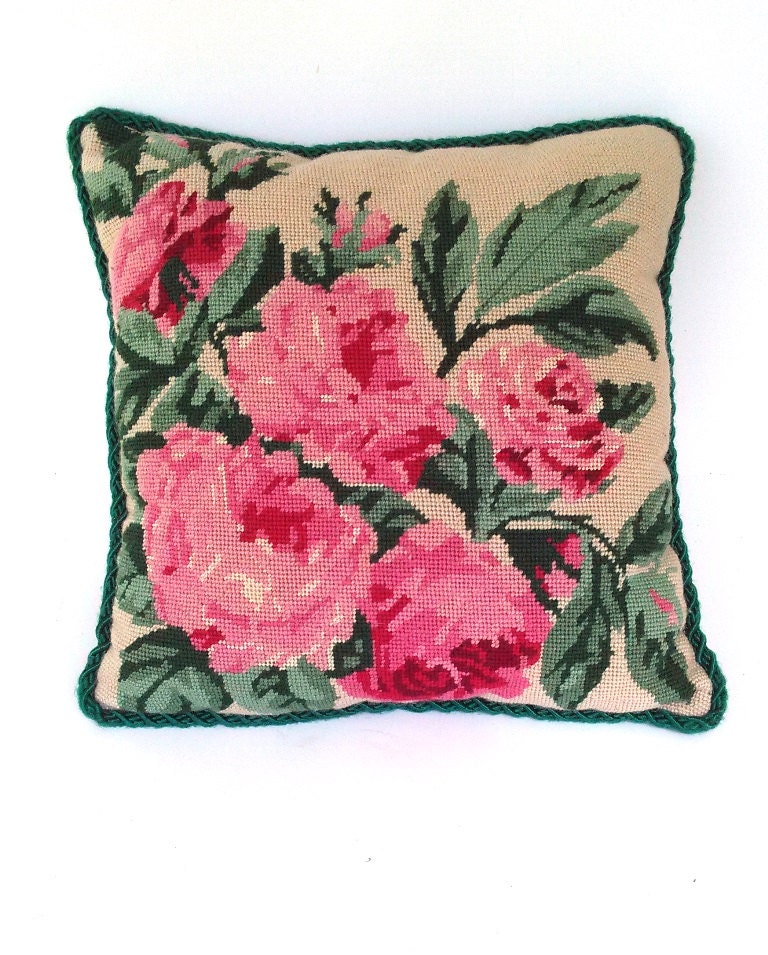 Vintage Needlepoint Throw Pillow. Large Pink Roses Velvet