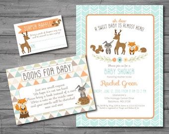Woodland Baby Shower Invitation, woodland theme, woodland animal, gender neutral, printable, DIY printing, book request card, diaper raffle
