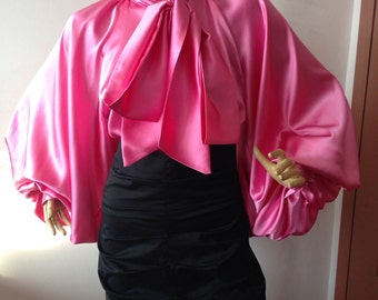 Formal Womens silk blouse/ Pink cocktail satin blouse/Satin Bow Blouse, Shirt