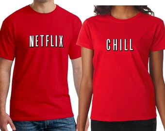 Netflix And Chill Couple Men/Women Shirt/Netflix And Chill Halloween Couple T-Shirts/Cute Couple Costume T-shirts/Date Night Shirts
