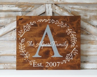 Last Name Sign Rustic Home Decor Wedding Established Date Family Established Sign Personalized Sign Gray White Dining Room Monogram Wall Art