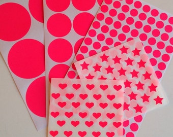 Neon Pink Stickers - Set of 5 sheets - Circles, Stars, Hearts - 150+ stickers - FREE Shipping With Other Purchase