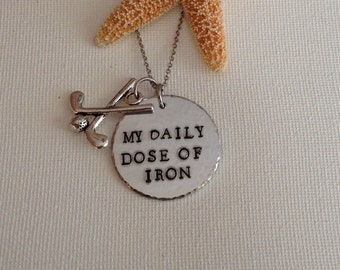 Golf necklace, keyring, Daily dose of iron, gifts for golfers, handstamped, personalized, sports, gifts for men, gifts for her, xmas gifts