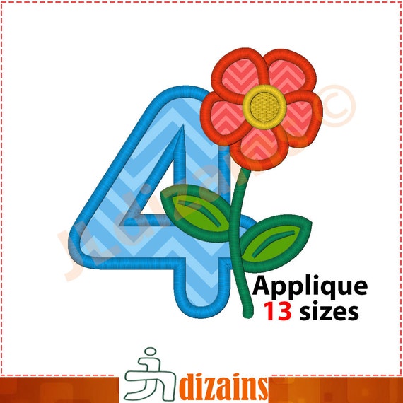 Number four applique design. Machine embroidery by JLdizains