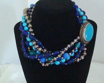 Vintage Faux Turquoise Glass Bead Cobalt Blue Glass Bead Silvertone Bead Faux Turquoise Pendant Multistrand Torsade Choker Small Neck