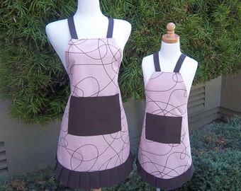 Mother Daughter Apron Set Handmade Vintage Style Apron Brown and Pink Print