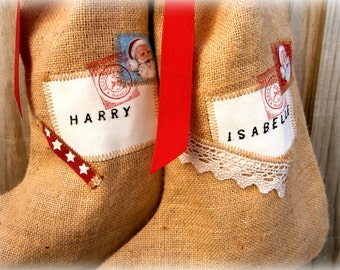 Personalized Hand made Christmas Stocking/Hessian/Burlap/Embroidered/lace/vintage style/rustic/hessian Christmas stocking/Santa stocking