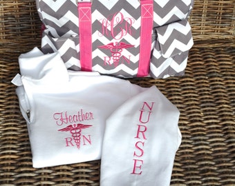 Utility Tote & Pullover, Nurse's tote, 19" Gray Chevron Pink Straps monogrammed