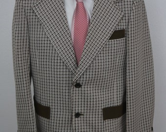 Vintage The Travel Knit Brown Coat Jacket Blazer Houndstooth Crochet Pattern Size 38 Short S