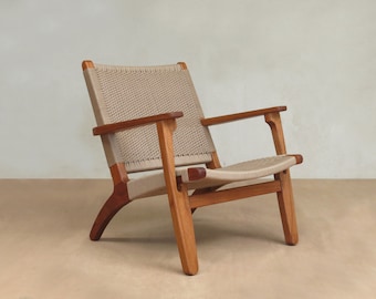 Mid Century Modern Armchair, Accent Chair, Lounger Chair, Mahogany, Handwoven Seat, Khaki, beige, sand, Living room, Retro Modern Rustic