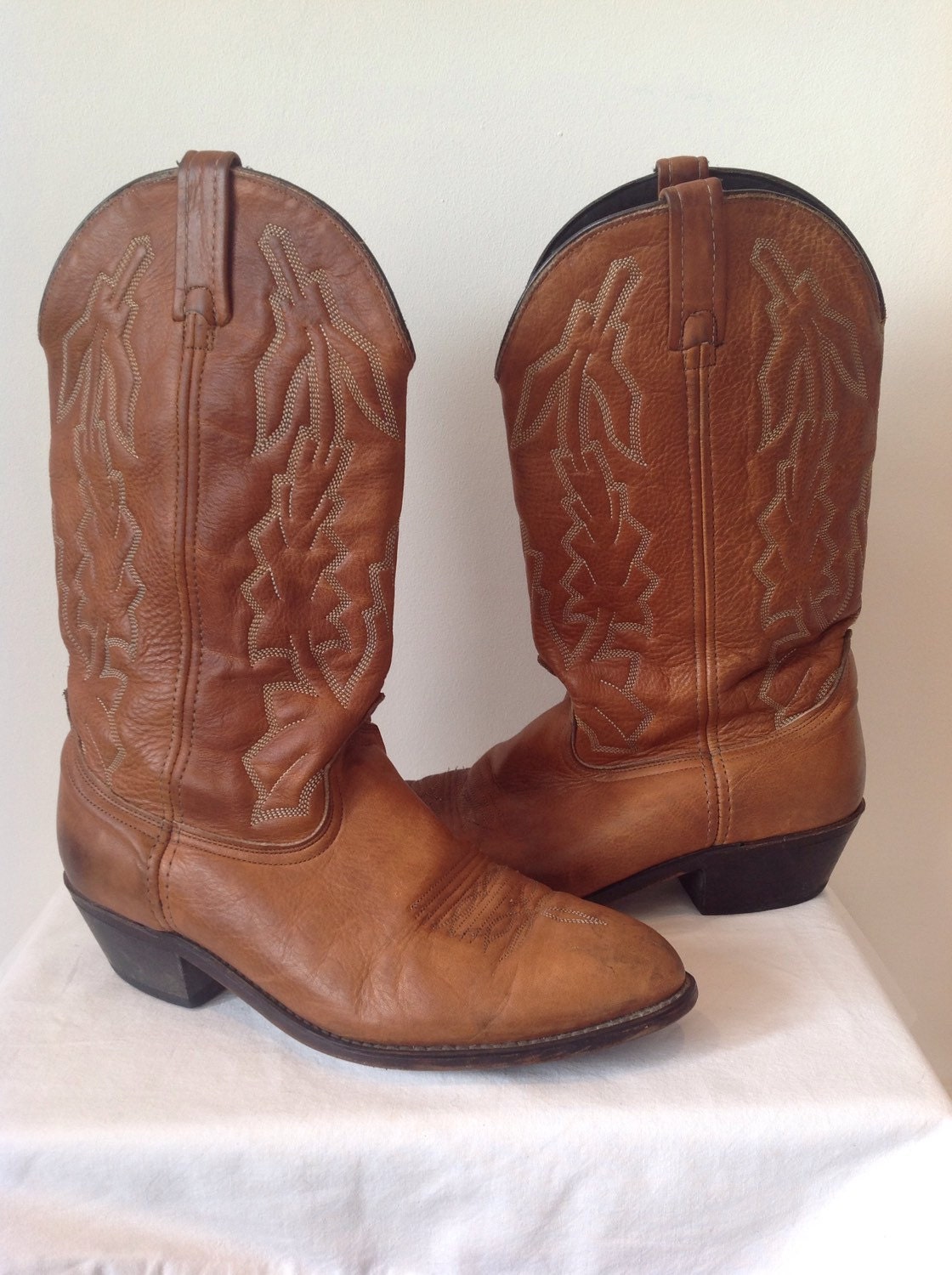 Vintage 80s 1980s Mens Leather Cowboy Boots Tan Brown Retro