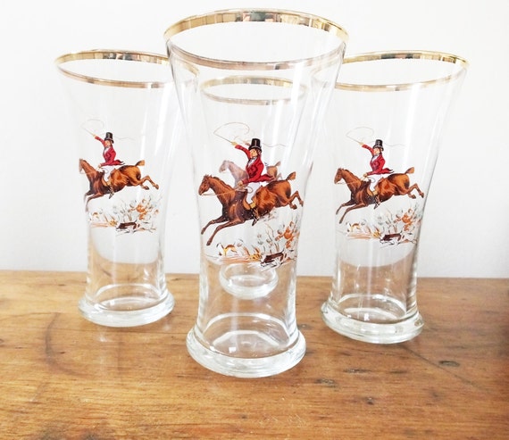 Vintage tall drinking glasses tumblers hi ball juice lemonade fox hunt scene horse set of 4 - retro barware