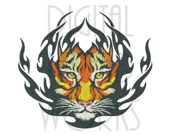Tiger Flames Machine Embroidery Design for 4x4, 5x7, 6x10 inch frames. Instant Download Digital file. Flaming Tiger Face