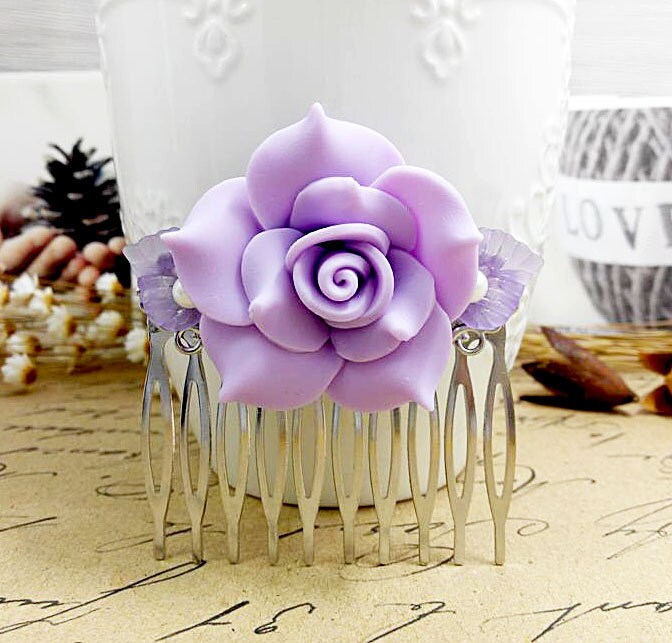 Soft Clay Hair Comb Purple Flower Comb Polymer Flower Hair