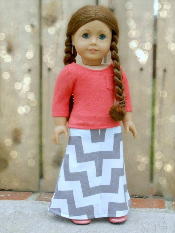 Grey and White Chevron Print Maxi Skirt for American Girl Dolls