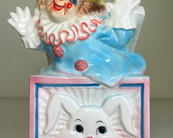 Lefton Ceramic Clown Planter Pot ~ Clown in the Box Planter ~ Clown and Bunny Jack-in-the-Box Planter ~ Boy or Girl Nursery Decor