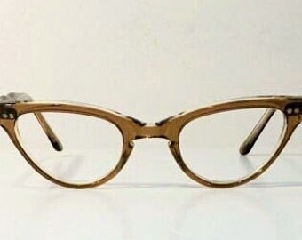 Vintage 1950's Frame France Clear Maple Sand Cat Eye Eyeglasses Frames, New Old Stock, Glasses Frames, Frame France Brown Satin Cateyes, NOS