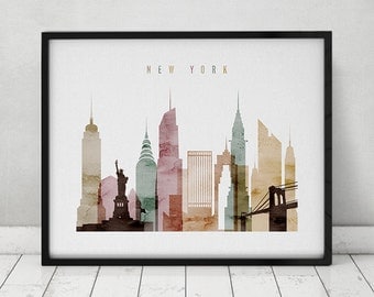 New York watercolor print, watercolor poster, Wall art, New York skyline, cities poster, typography art, digital watercolor ArtPrintsVicky.