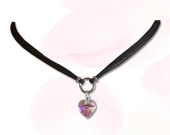 My Heart Submissive BDSM Collar BDSM Slave Collar Pink Heart Black Leather Cord Collar BDSM Jewelry