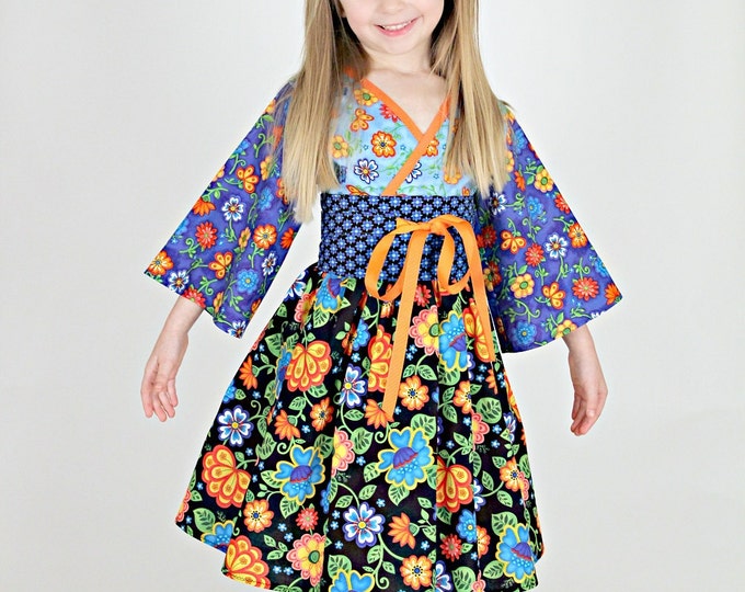 Summer Kimono Dress - Toddler Clothes - Little Girl Birthday - Handmade - Blue Flowers - Wedding - Pagenat - sizes 2T to 7 years