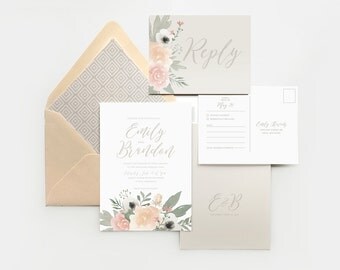 Blush floral wedding invitation, romantic wedding invitation, watercolor floral, pink wedding, blush and gray wedding, peach and gray